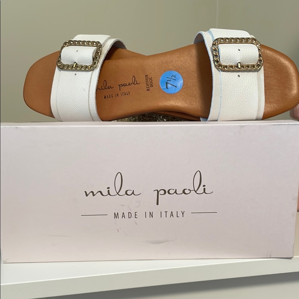 Mila Paoli White Slides with Gold Accents